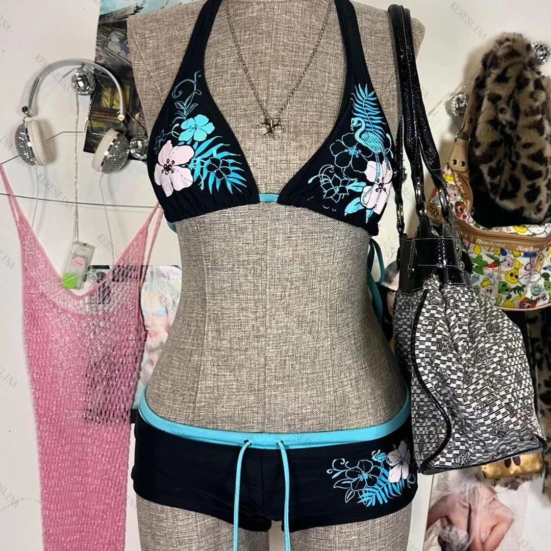 Vintage Flower Print Halter Strap Shorts Bikini
