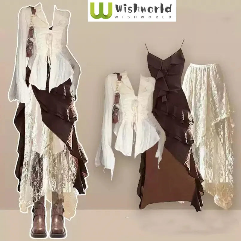 Women's Set with Spring and Autumn Design Fashionable Top+Maillard Camisole Skirt with Versatile Skirt Three Piece Set