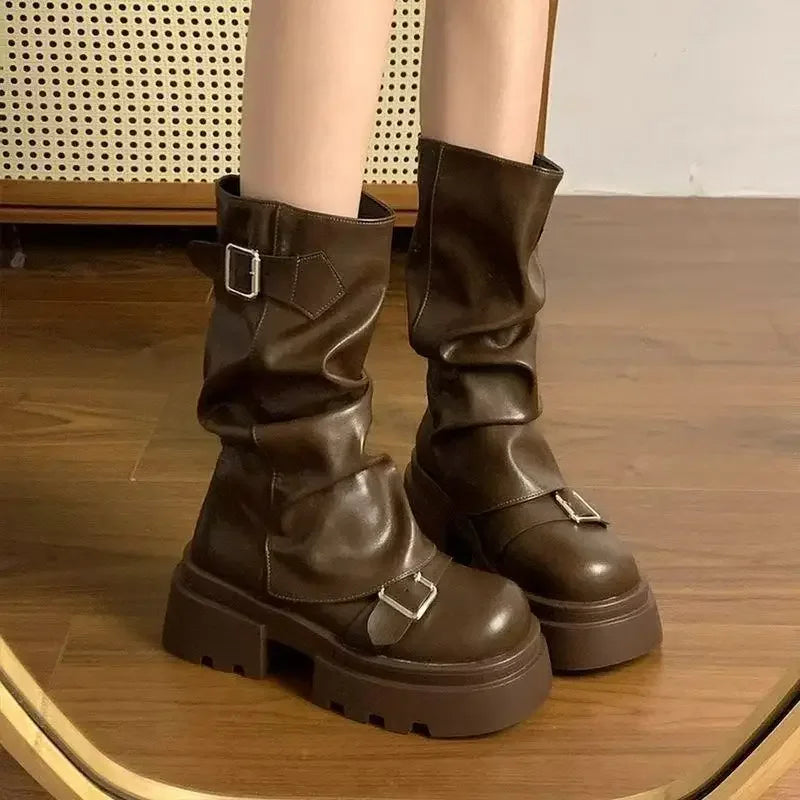 Mid-Calf Belt Buckle Square Platform Modern Boots