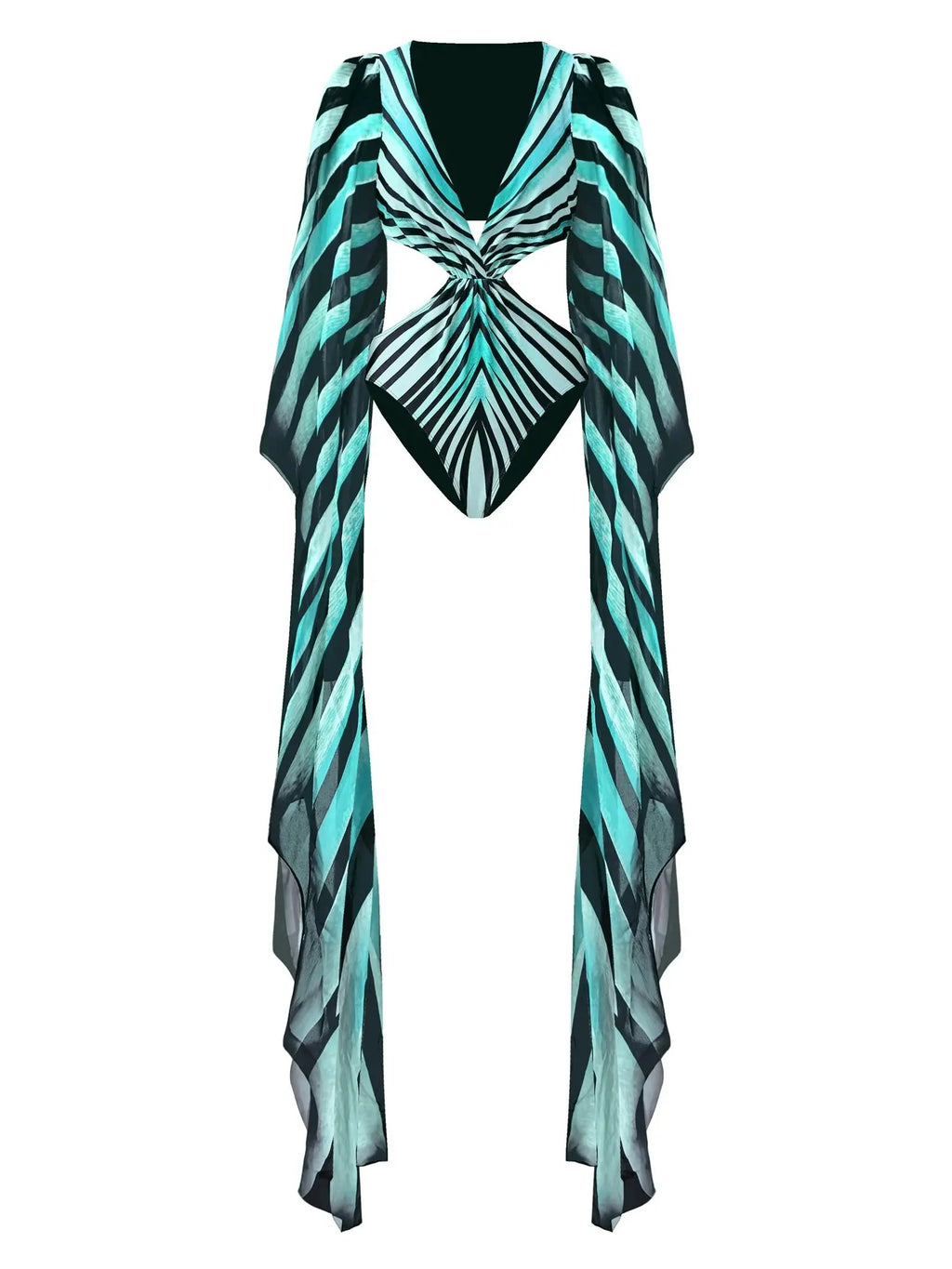 Printed Fan Sleeved Cut Out Swimsuit