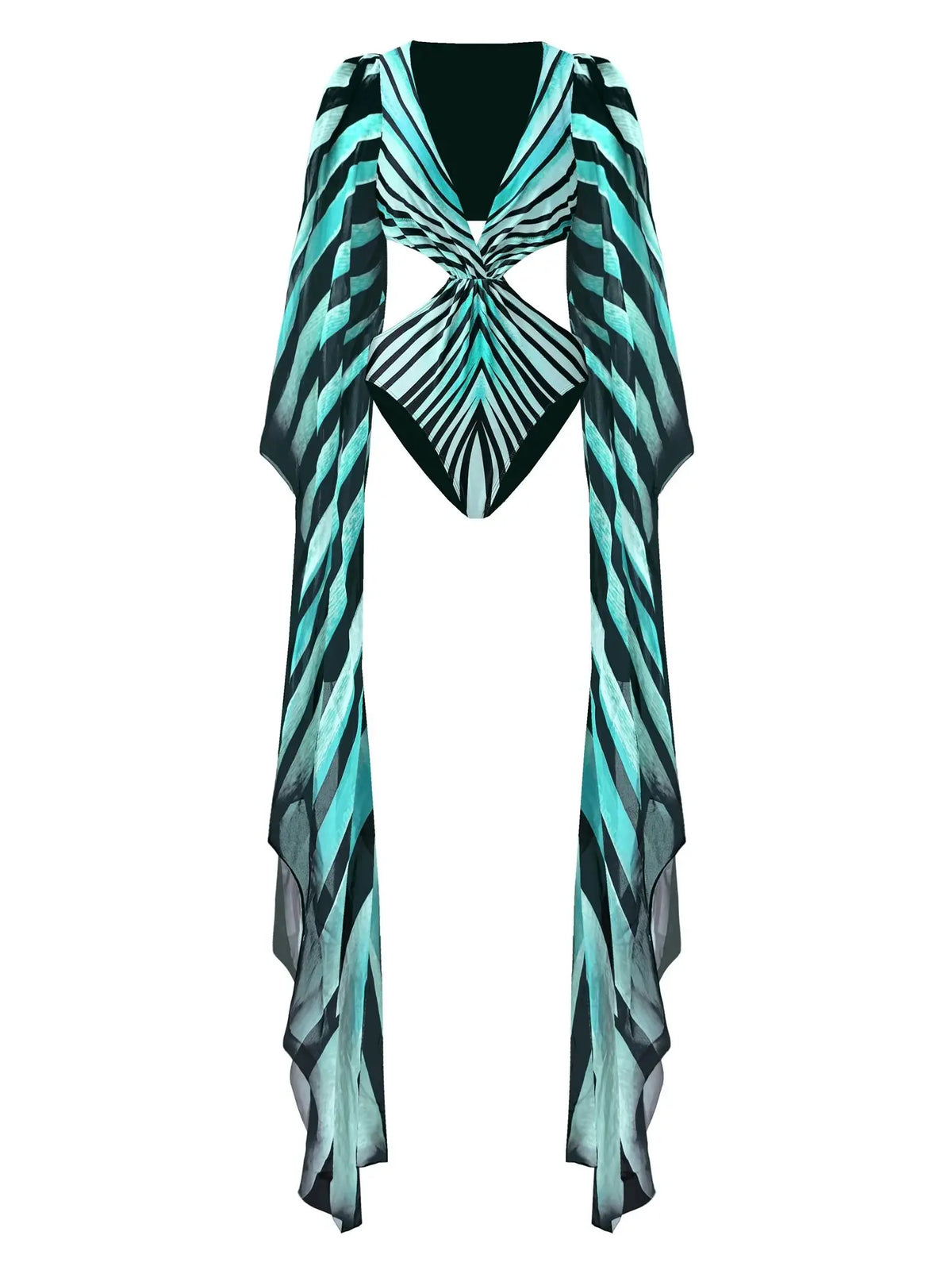Printed Fan Sleeved Cut Out Swimsuit
