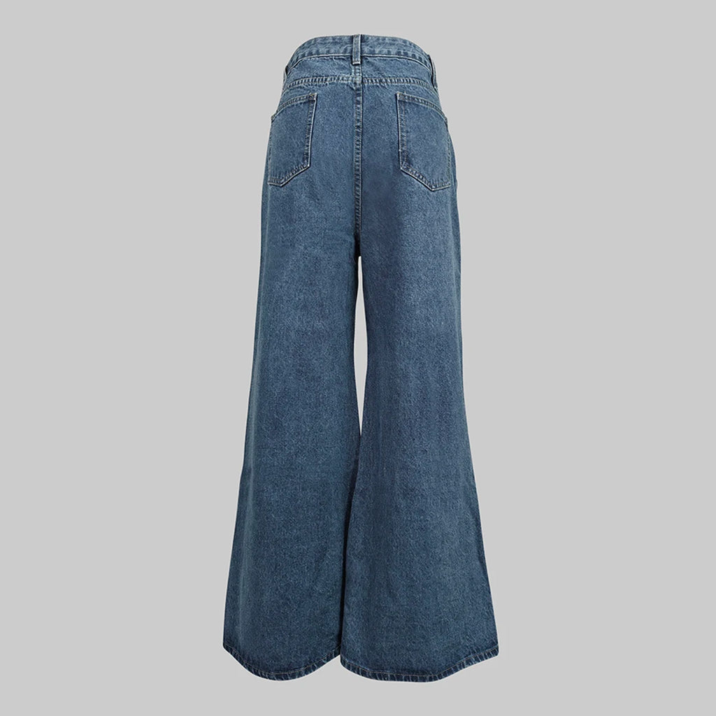 High Waisted Loose Buttoned Denim Wide Leg Flare Jeans