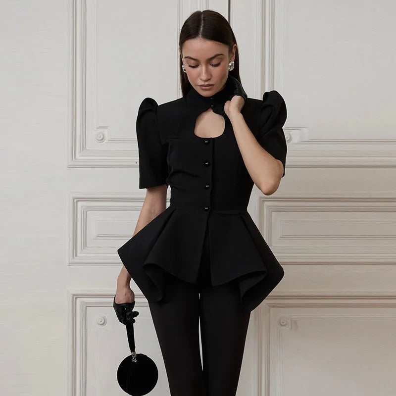 Puff Sleeve Hollow Out Waist-Closed Jacket