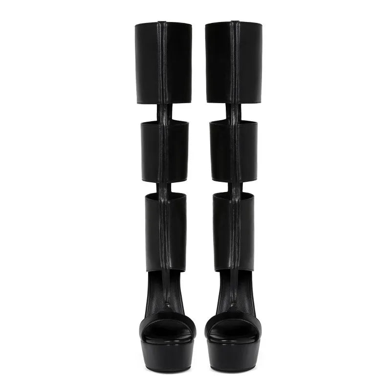 Belted Peep Toe Black Gladiator Stiletto Boots