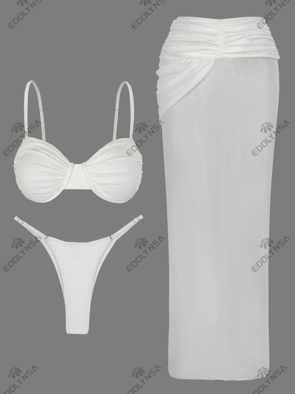 Elegant White High Slit Transparent Skirt Cover-Up 3 Piece Set