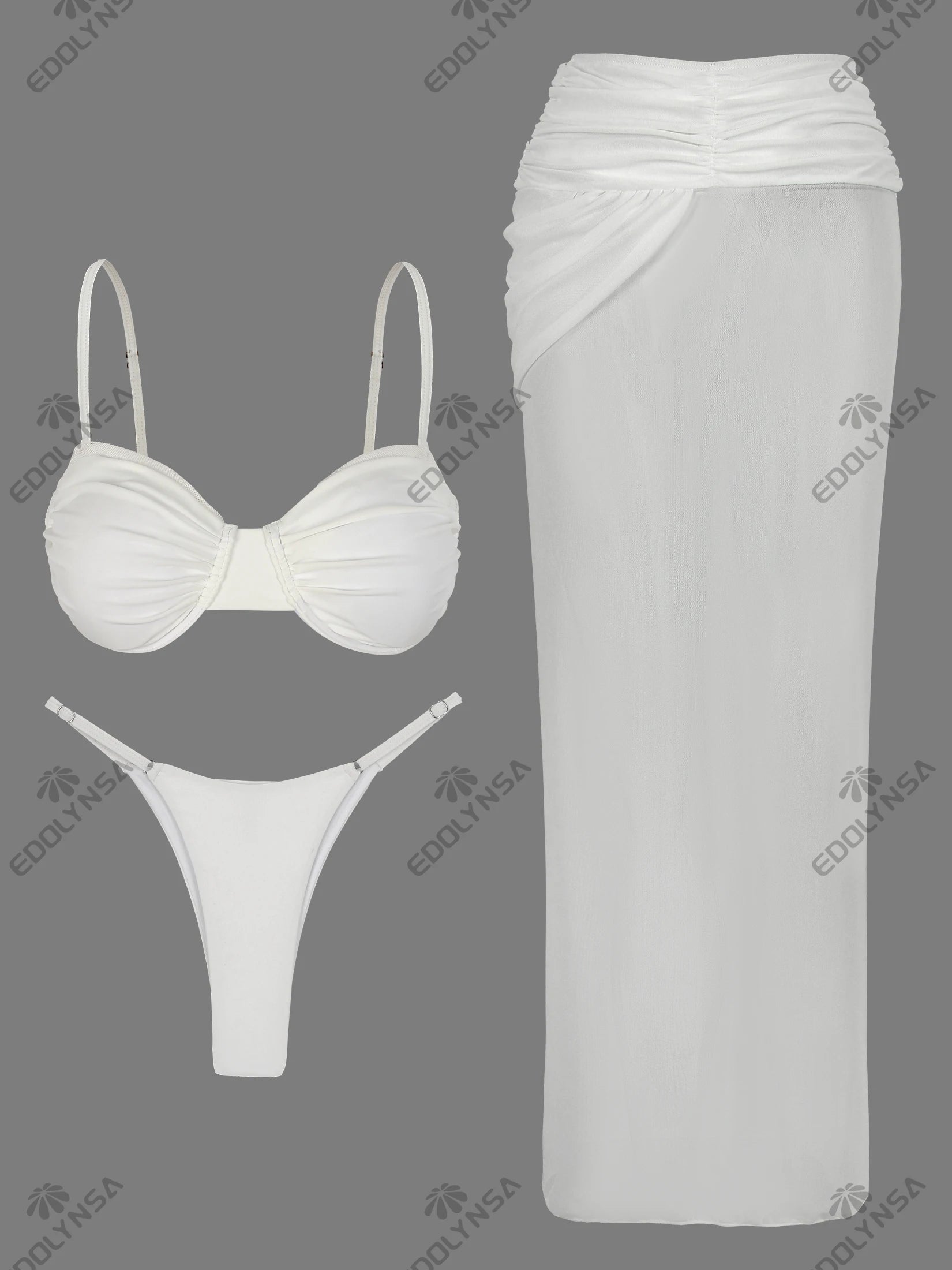 Elegant White High Slit Transparent Skirt Cover-Up 3 Piece Set