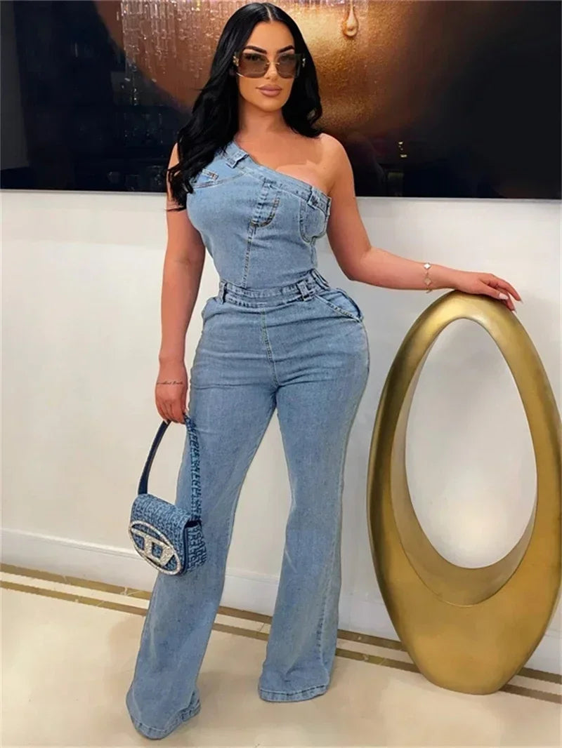 One Shoulder Denim Flare Playsuit