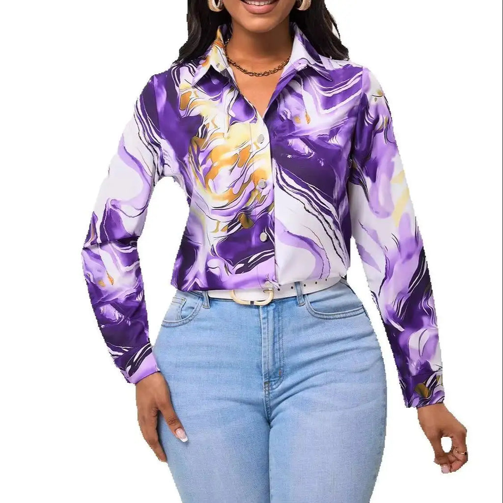 Satin Purple Gold Marble Print Collared Blouse