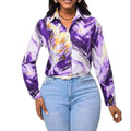 Satin Purple Gold Marble Print Collared Blouse