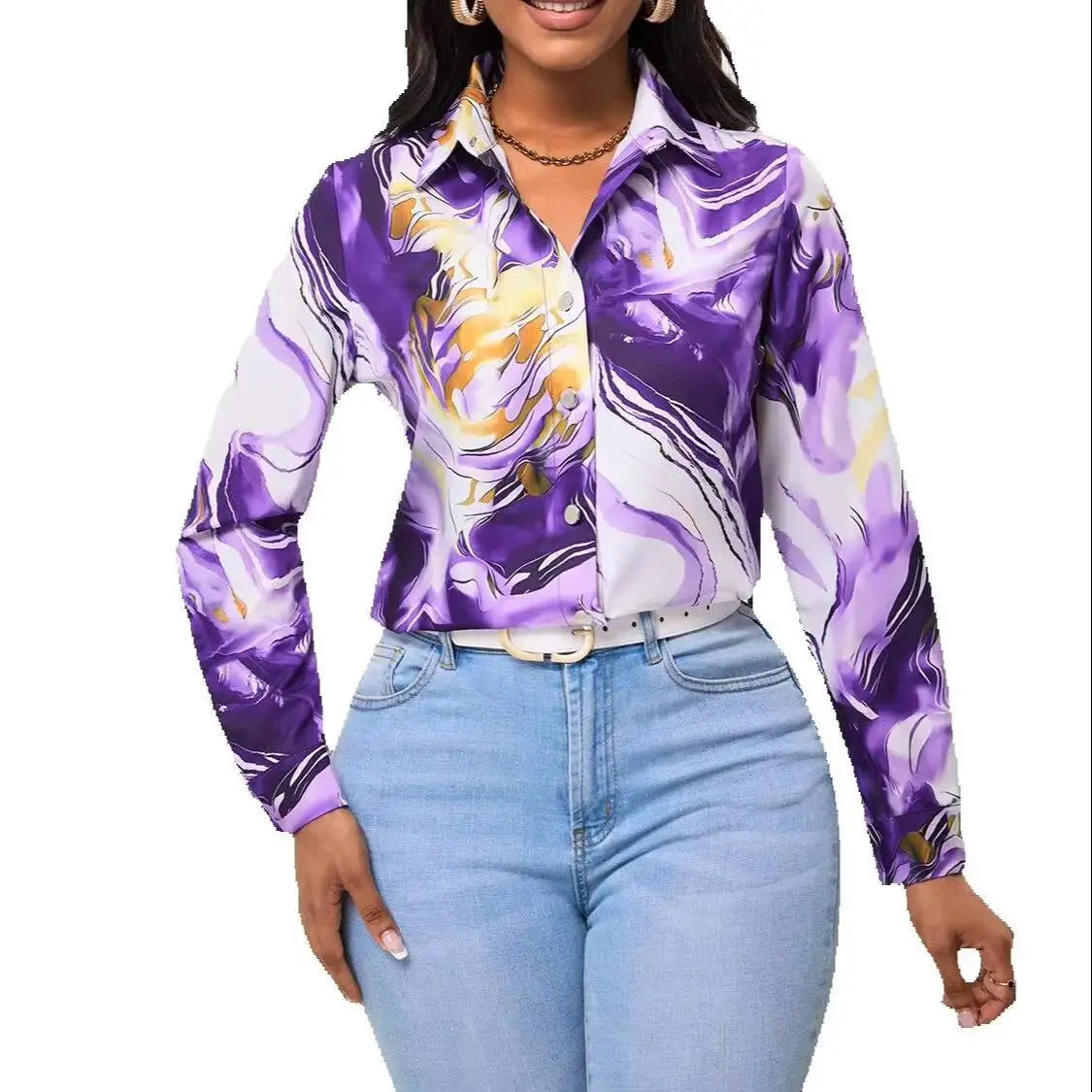 Satin Purple Gold Marble Print Collared Blouse