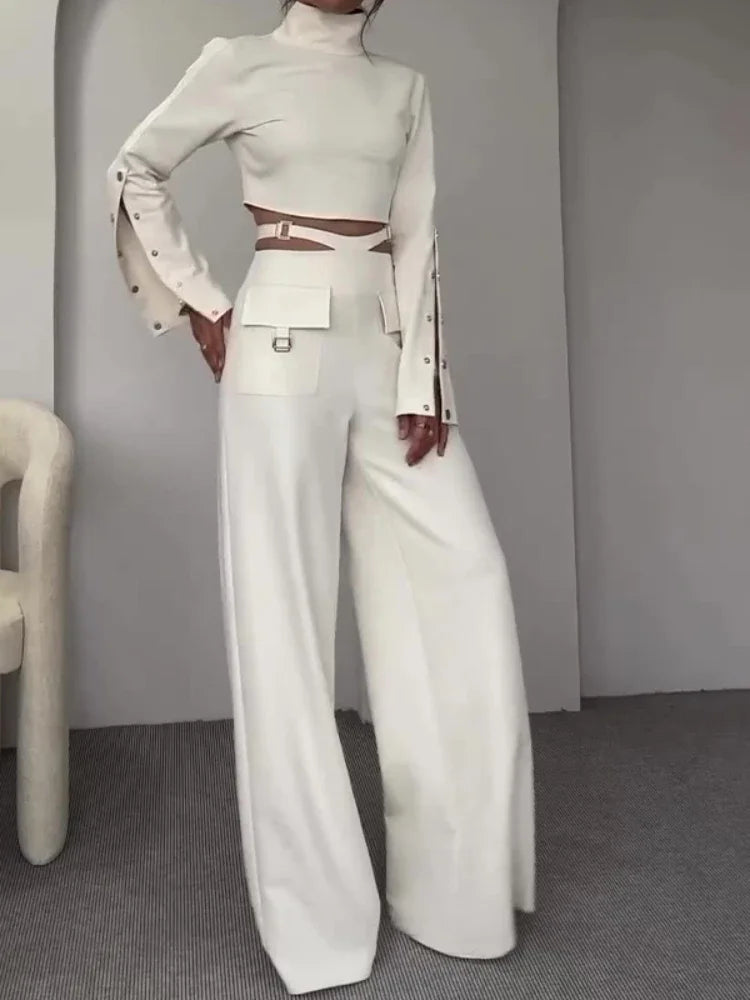 Full Sleeve Turtleneck Top Wide Leg Long Pants Set