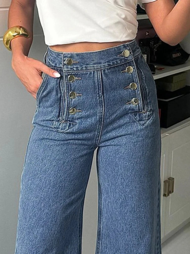 High Waisted Loose Buttoned Denim Wide Leg Flare Jeans