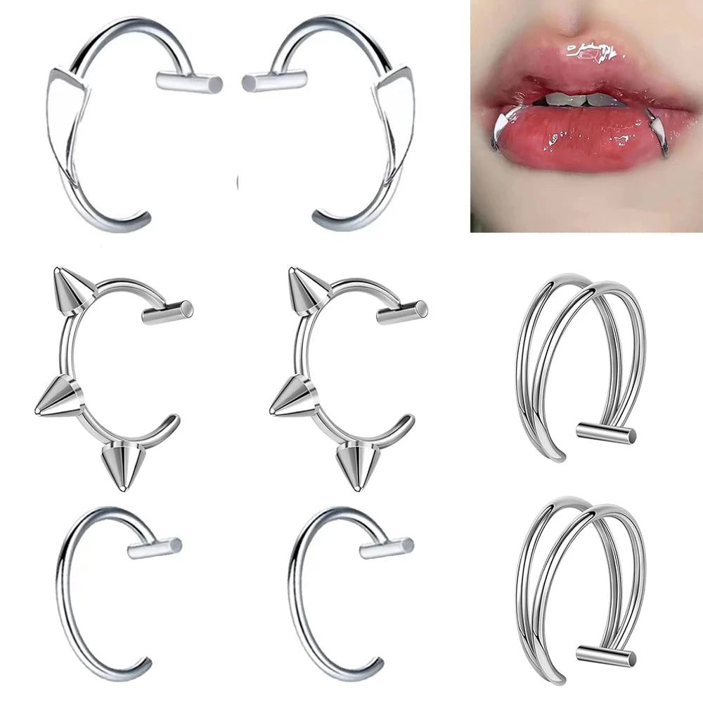 8pcs Stainless Steel Fake Lip & Nose Rings – Adjustable Jewelry