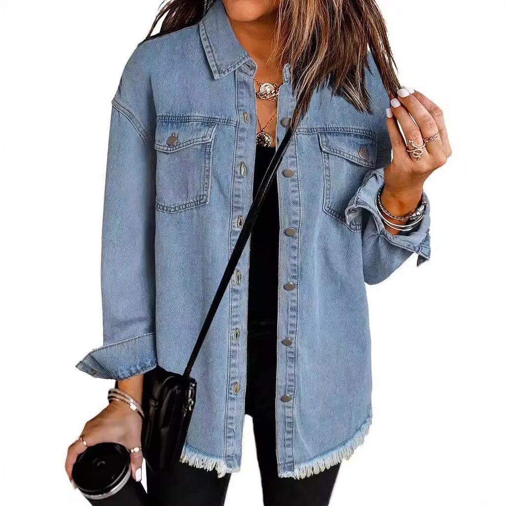 Washed Denim Single Breasted Lapel Shirt Jacket