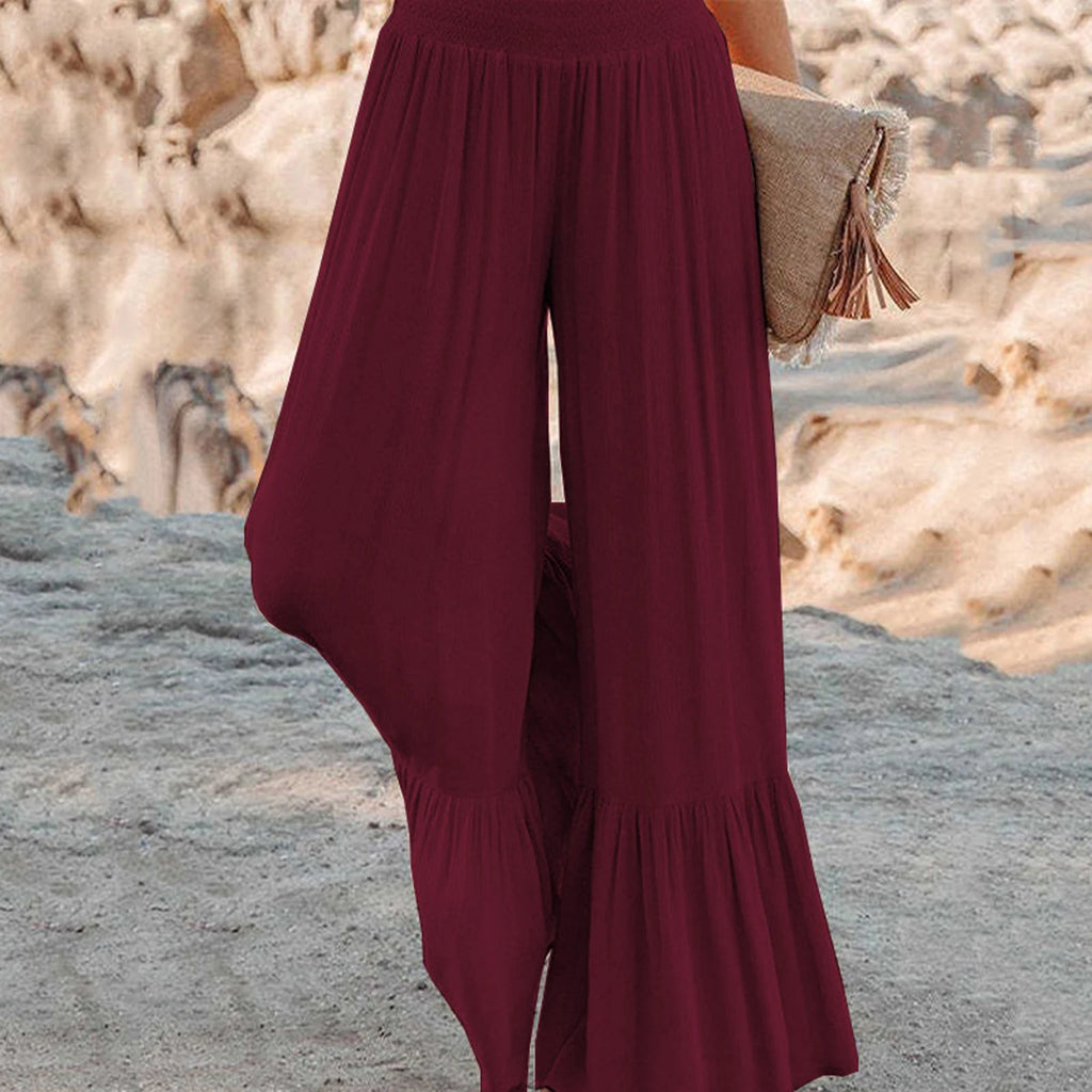Plus Size Solid Color High Waist Cinched Wide-Leg Casual Pants Daily Wear Loose Fit Stylish Versatile Soft Fabric Long Trousers