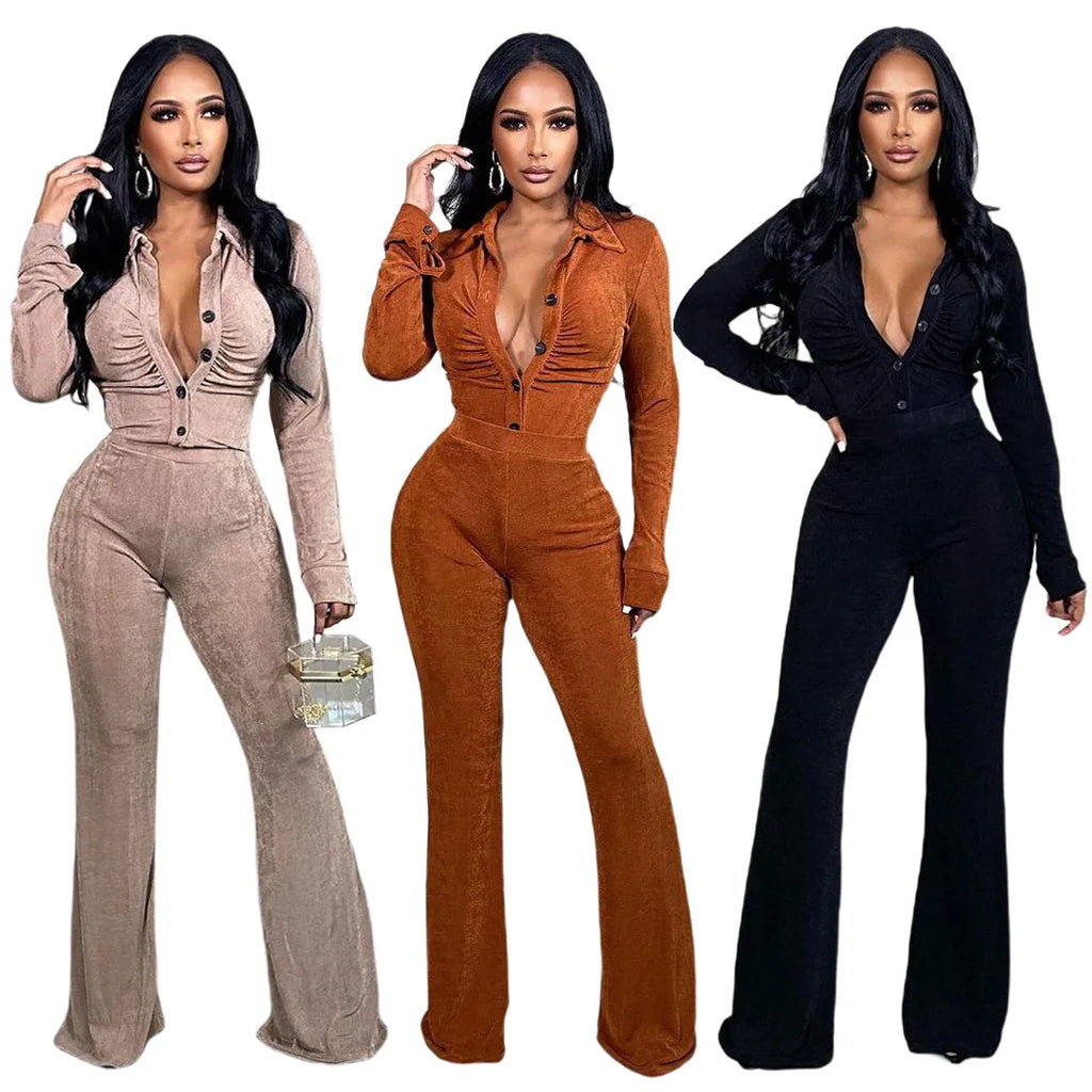 Button Turn Down Collar Top Elastic Waist Full Length Pants