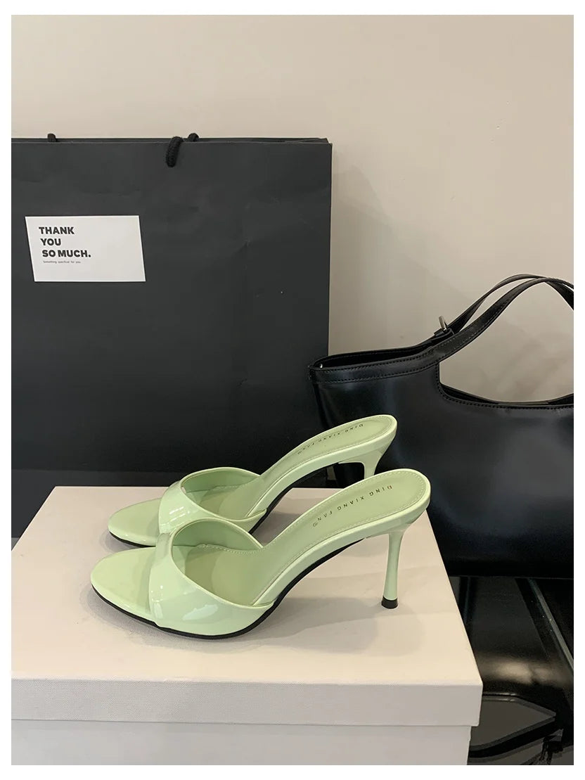 Mule Patent Leather Thin Open Toe High Heel Slides