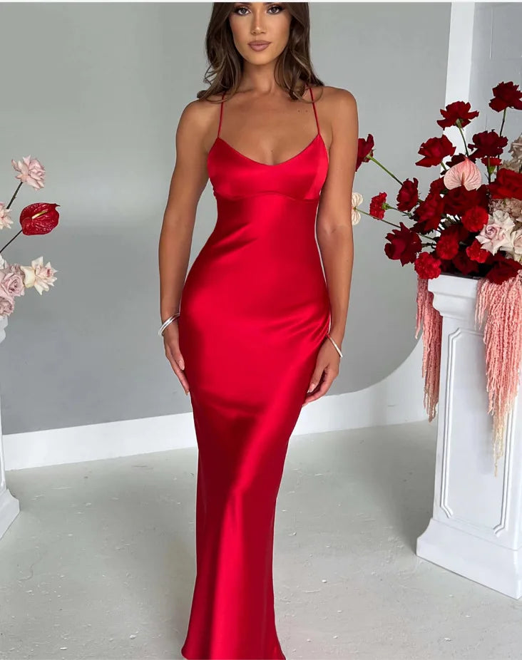Cinched Waist Halter Satin Backless Long Dress