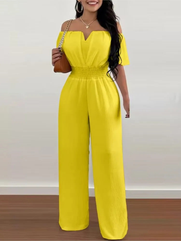 Lady Print High Waist Off Shoulder Wide Leg Pants Jumpsuit