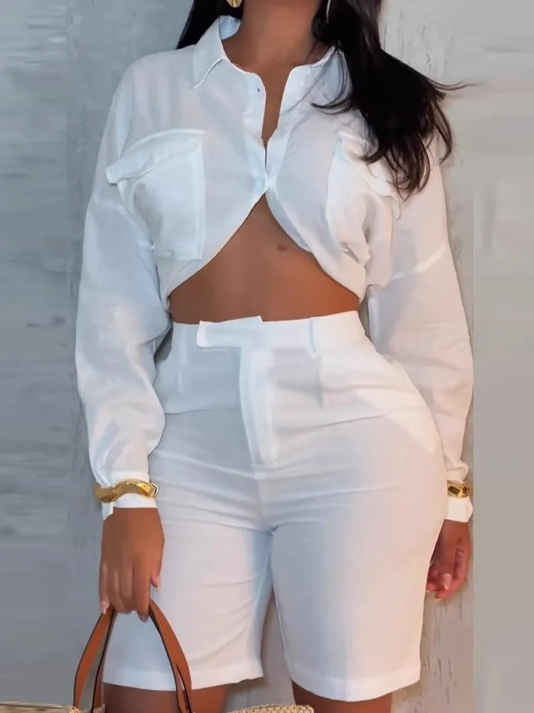 Long Sleeves Exposed Waist Shirt & High Waist Shorts Suit