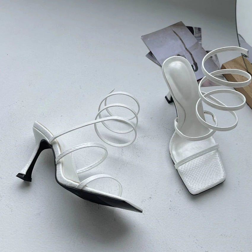 Cross Ankle Narrow Band Square Toe Heels
