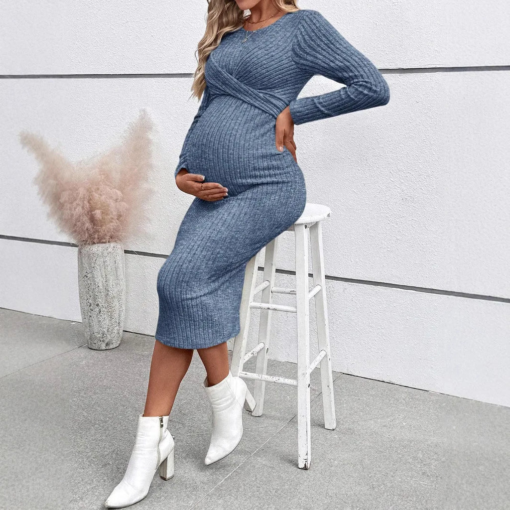 Maternity Dress Long-sleeved Dress for Pregnant Women Elegant Knotted Slimming Pregnancy Dresses Long Sleeve Maternity Clothes