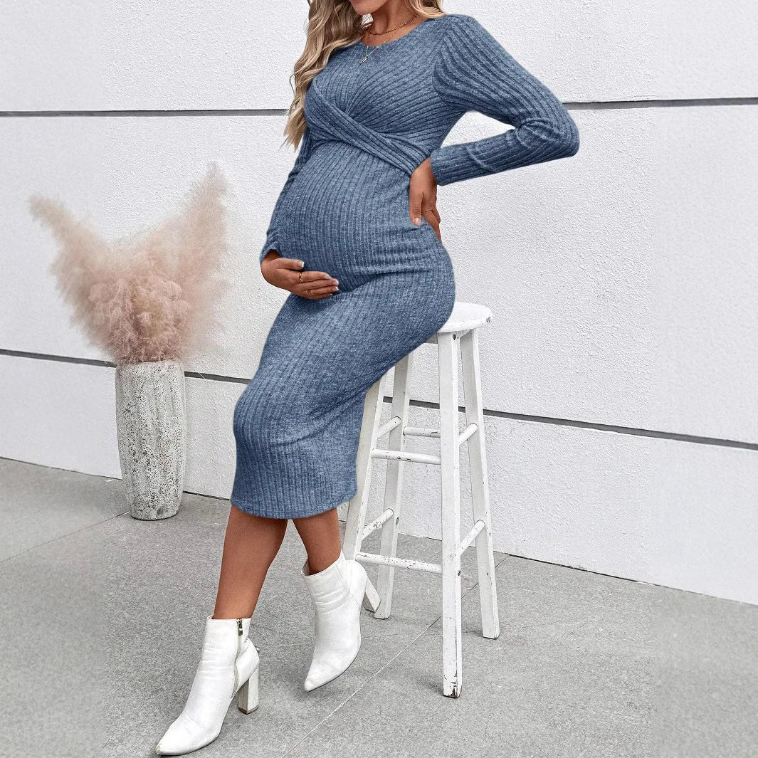 Maternity Dress Long-sleeved Dress for Pregnant Women Elegant Knotted Slimming Pregnancy Dresses Long Sleeve Maternity Clothes