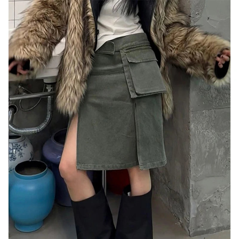 Gyaru Harajuku Grunge Split Asymmetrical Cargo Mini Skirt