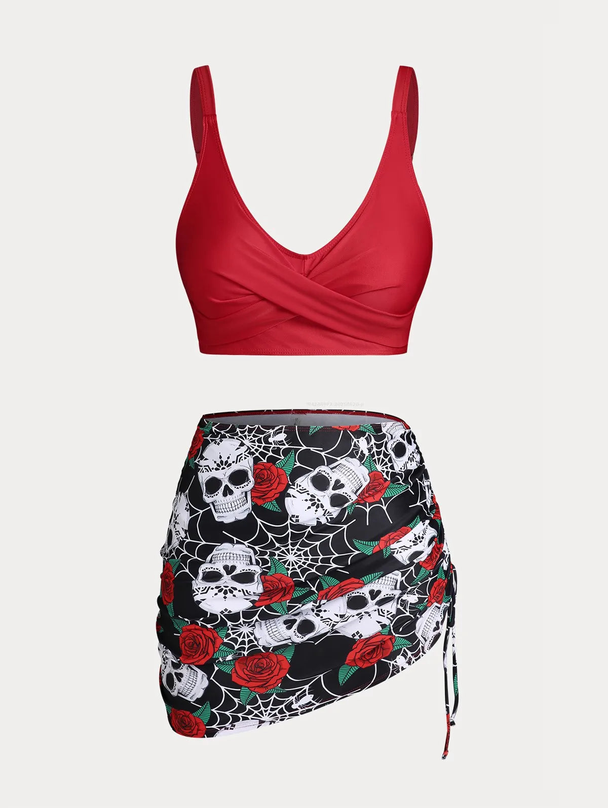 ROSEGAL  Skull Rose Print Crossover Three Piece Swimsuit