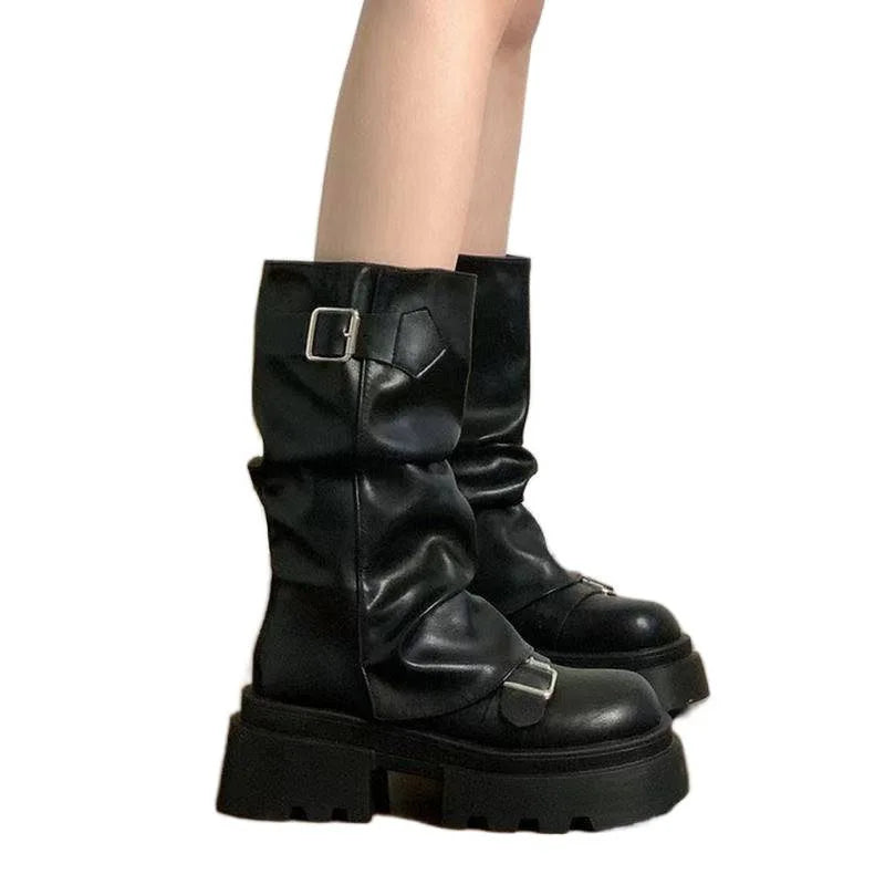 Mid-Calf Belt Buckle Square Platform Modern Boots