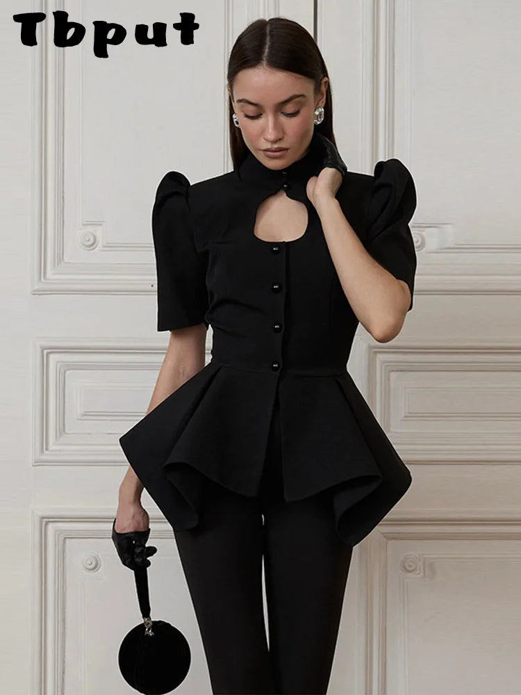 Puff Sleeve Hollow Out Waist-Closed Jacket