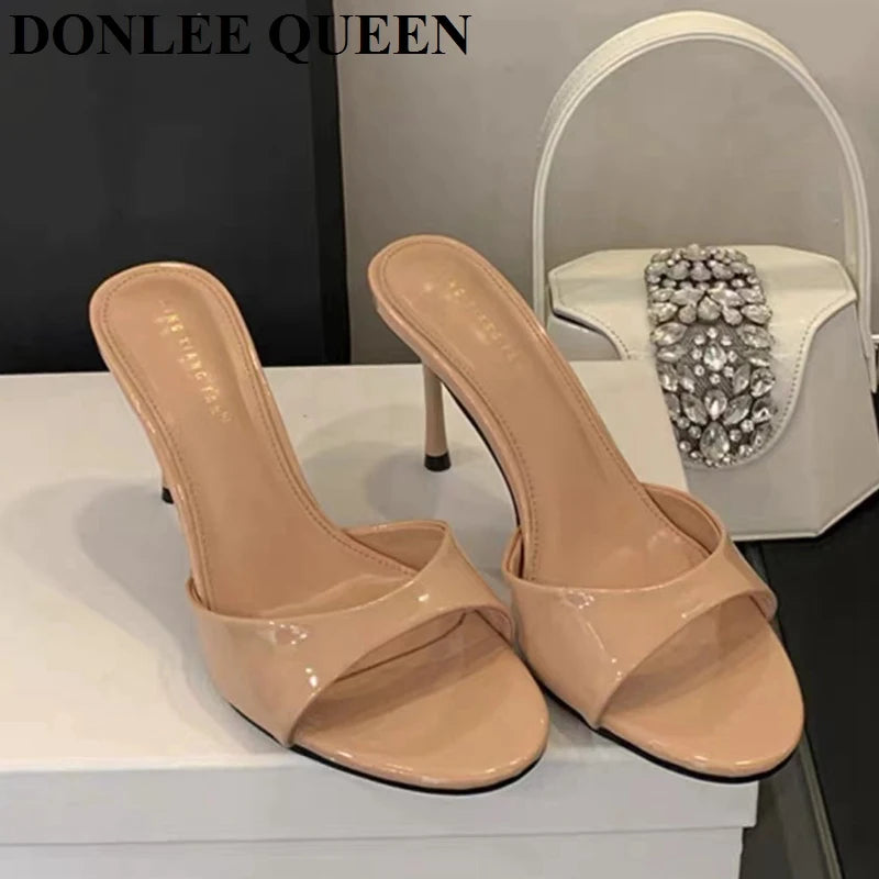 Mule Patent Leather Thin Open Toe High Heel Slides