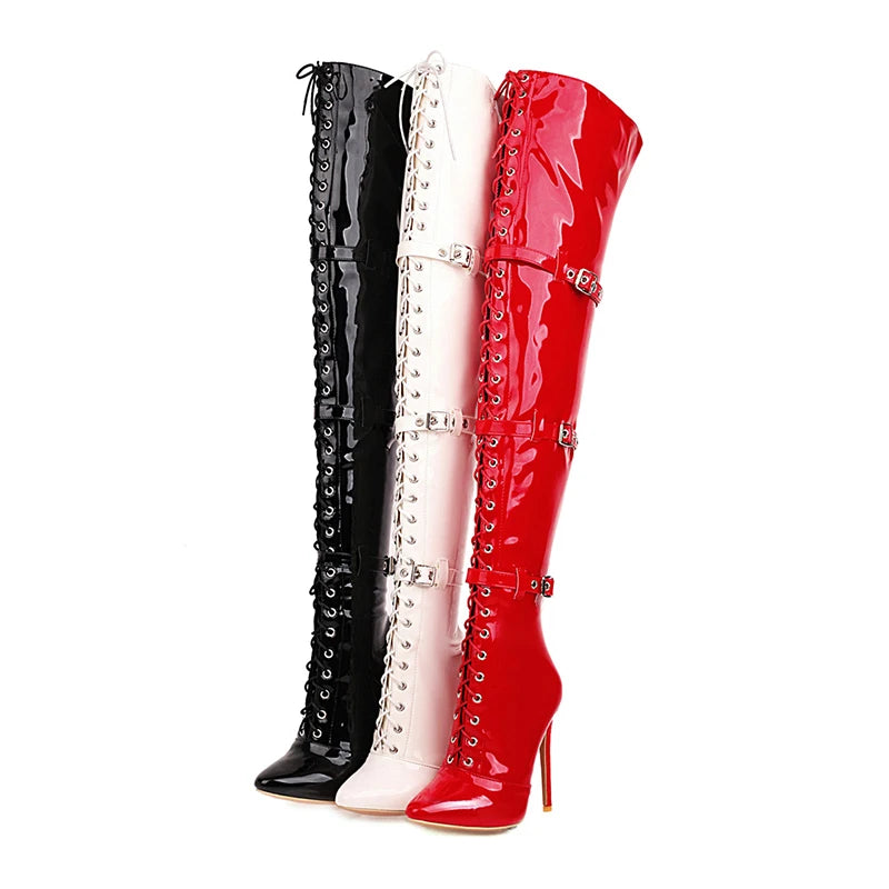 Patent Leather Thin Cross Tied Over The Knee Boots