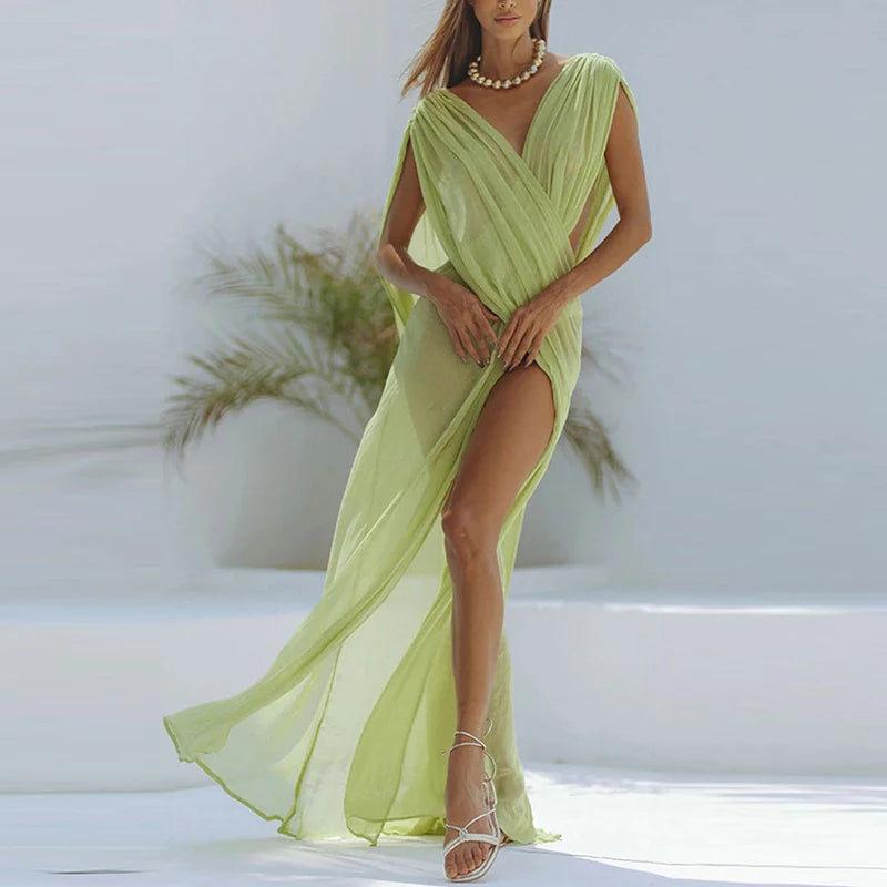 Women's Clothing Beach Cover Up Dress Sexy Perspective Mesh Draped Long Dress Summer Hollow Out Sleeveless Split Dress Vestidos