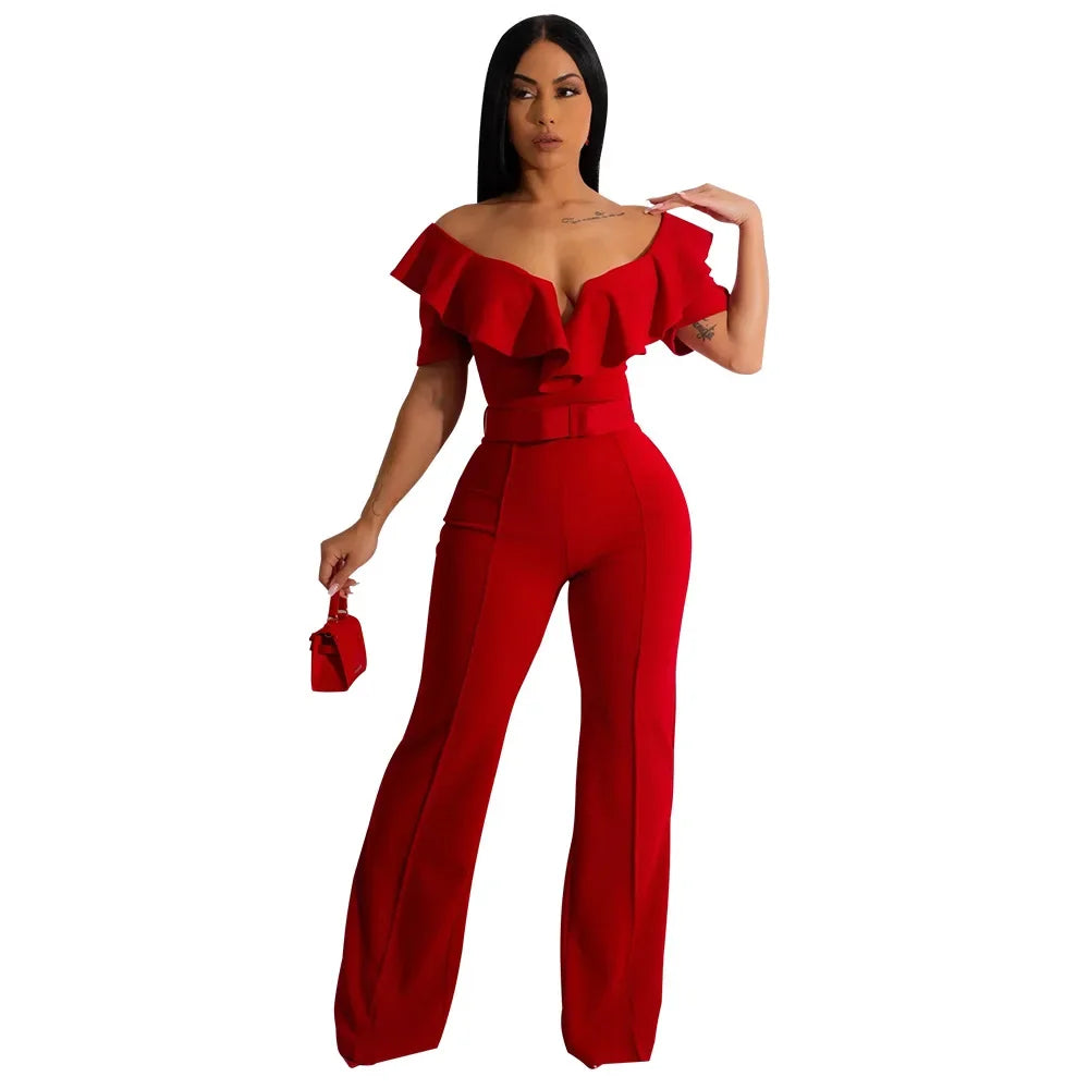 Ruffle Edge V-neck Fitted Waist One-piece