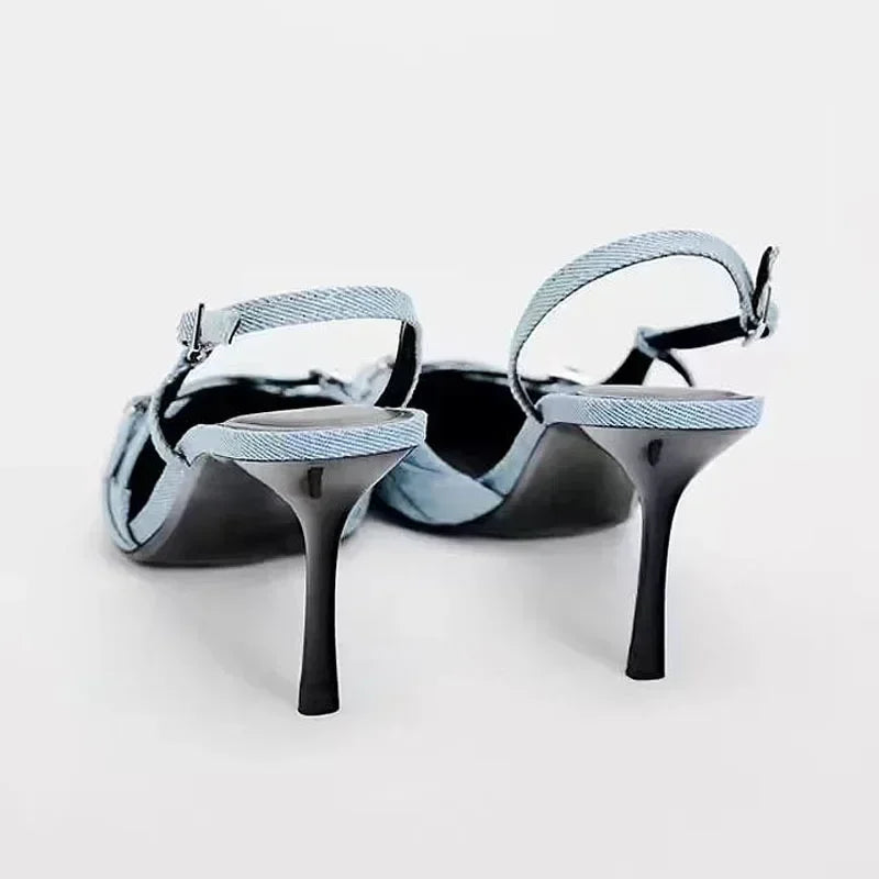Sexy Pointed Toe High Heel Sandals for Lady Blue Denim Stilettos Fashion Buckle Strap Elegant Women's Shoes 2025 Summer Footwear