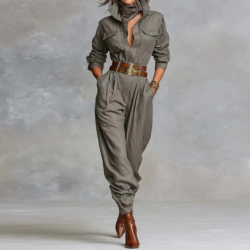 Retro Turn Down Collar Pocket Cargo Jumpsuits