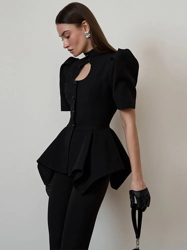 Puff Sleeve Hollow Out Waist-Closed Jacket