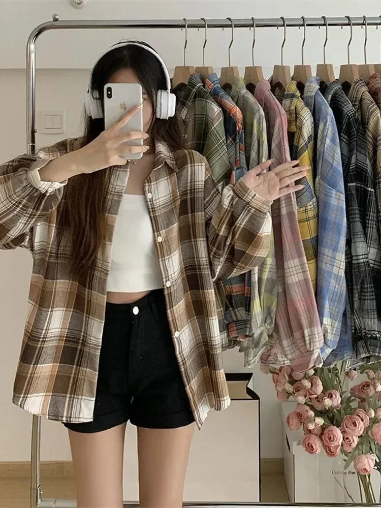 Plaid Vintage Single Breasted Blouse