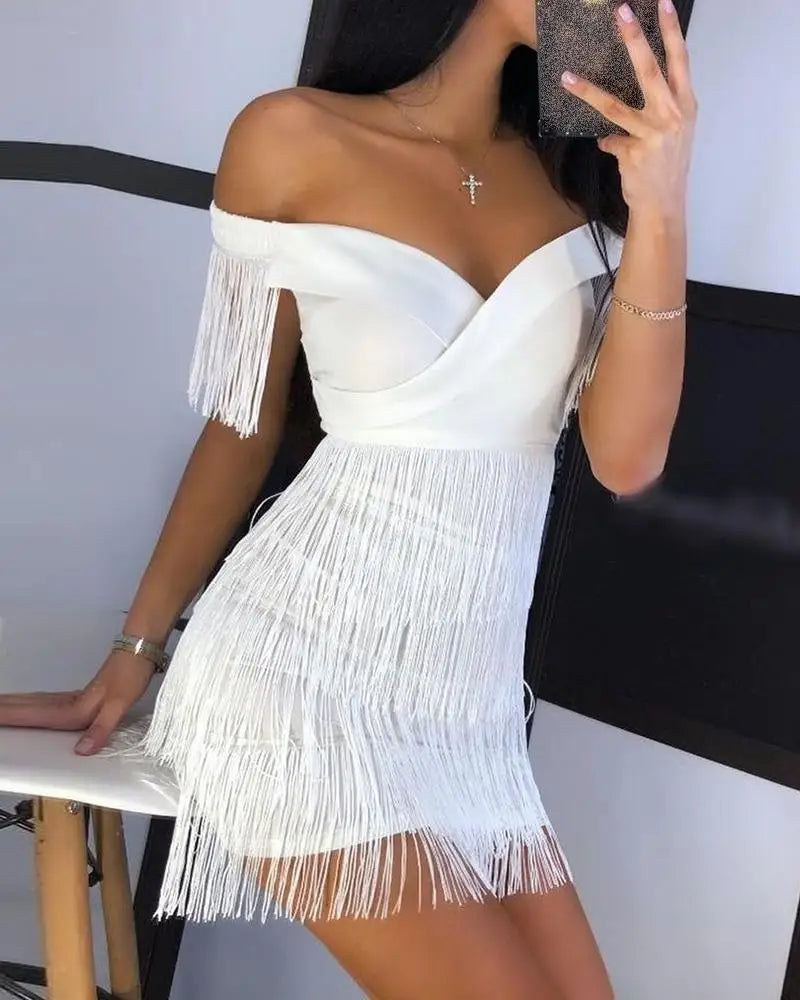 Sexy Off-Shoulder V-Neck Fringed Evening Dress