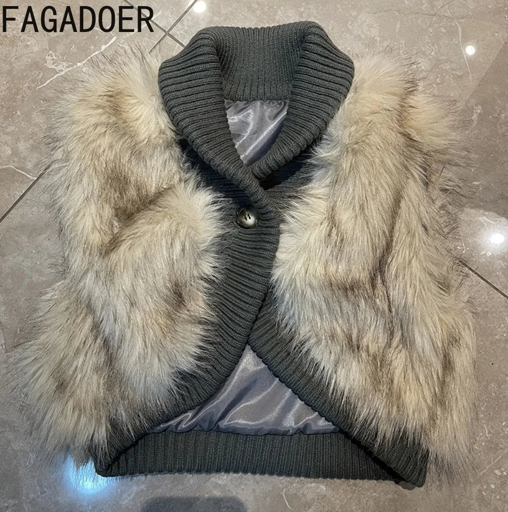 Knit Fur Crop Patchwork Vest Jacket