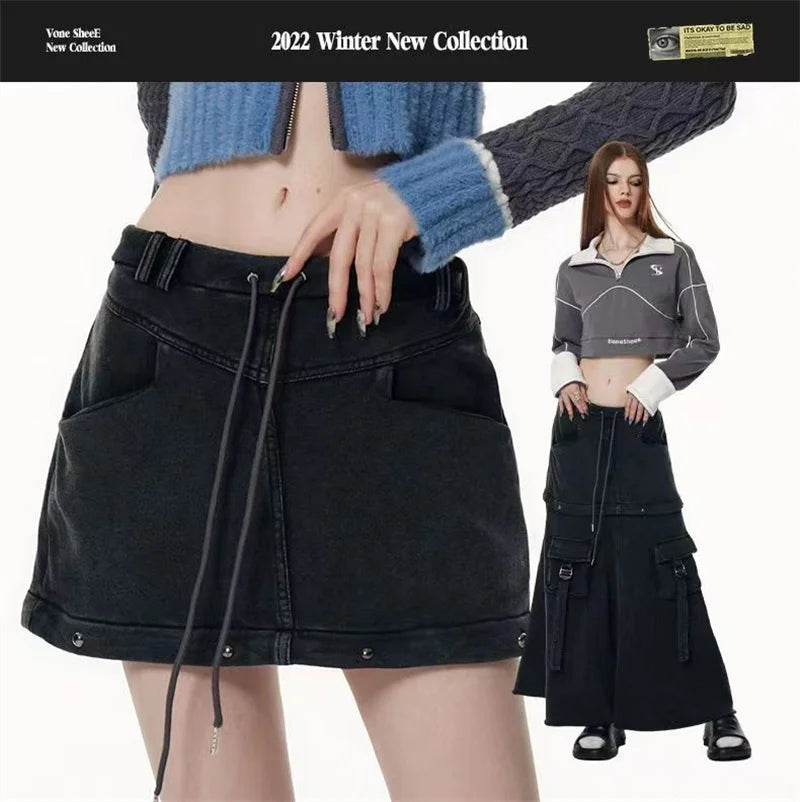 Two Way Detachable Hem Zipper Connection Black Denim Skirt
