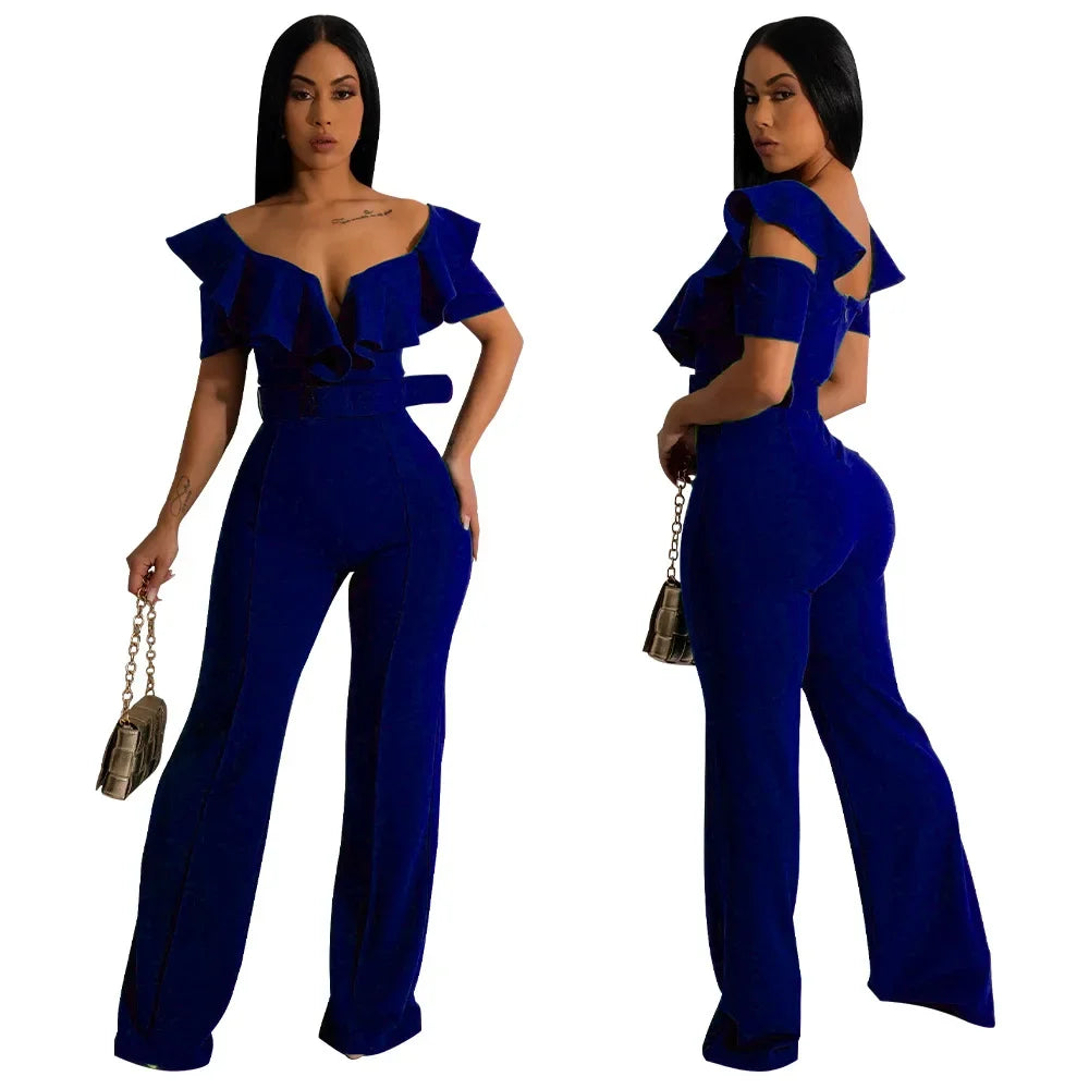 Ruffle Edge V-neck Fitted Waist One-piece