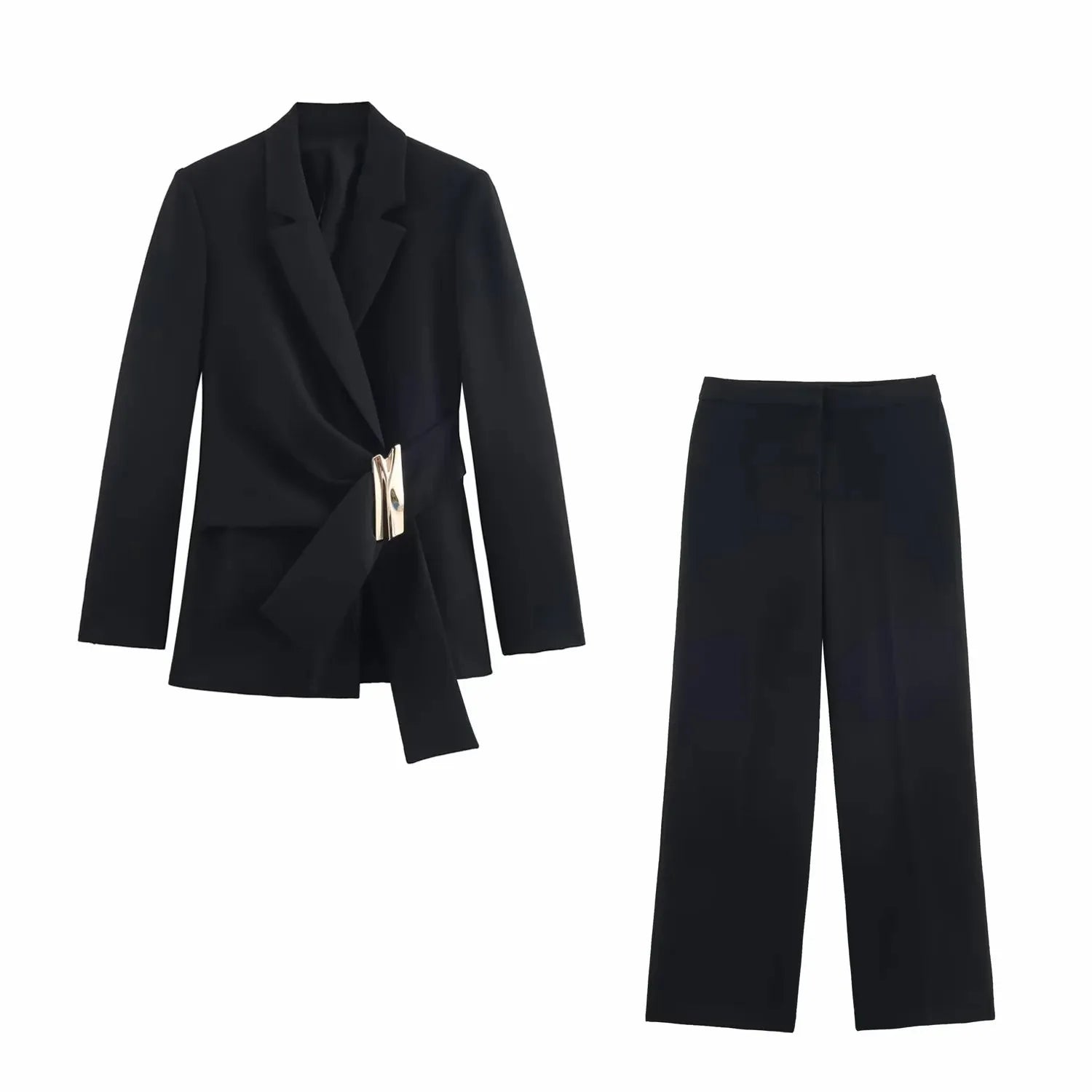 Two-Piece Set Buckle Decoration Suit Pants & Long Sleeve Blazer Coat