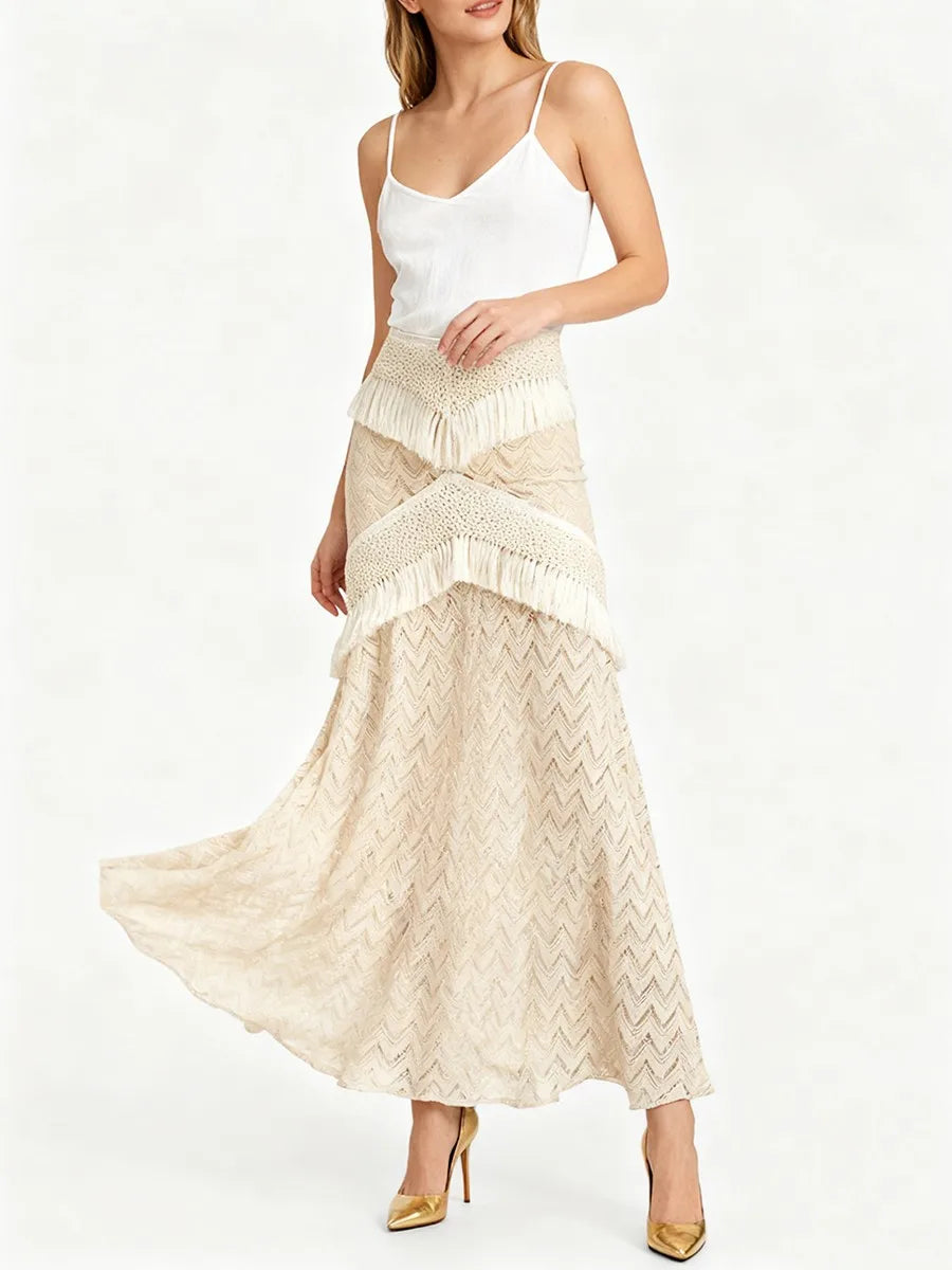 TWOTWINSTYLE Solid Slimming Sheer Spliced Tassel Knit Skirt