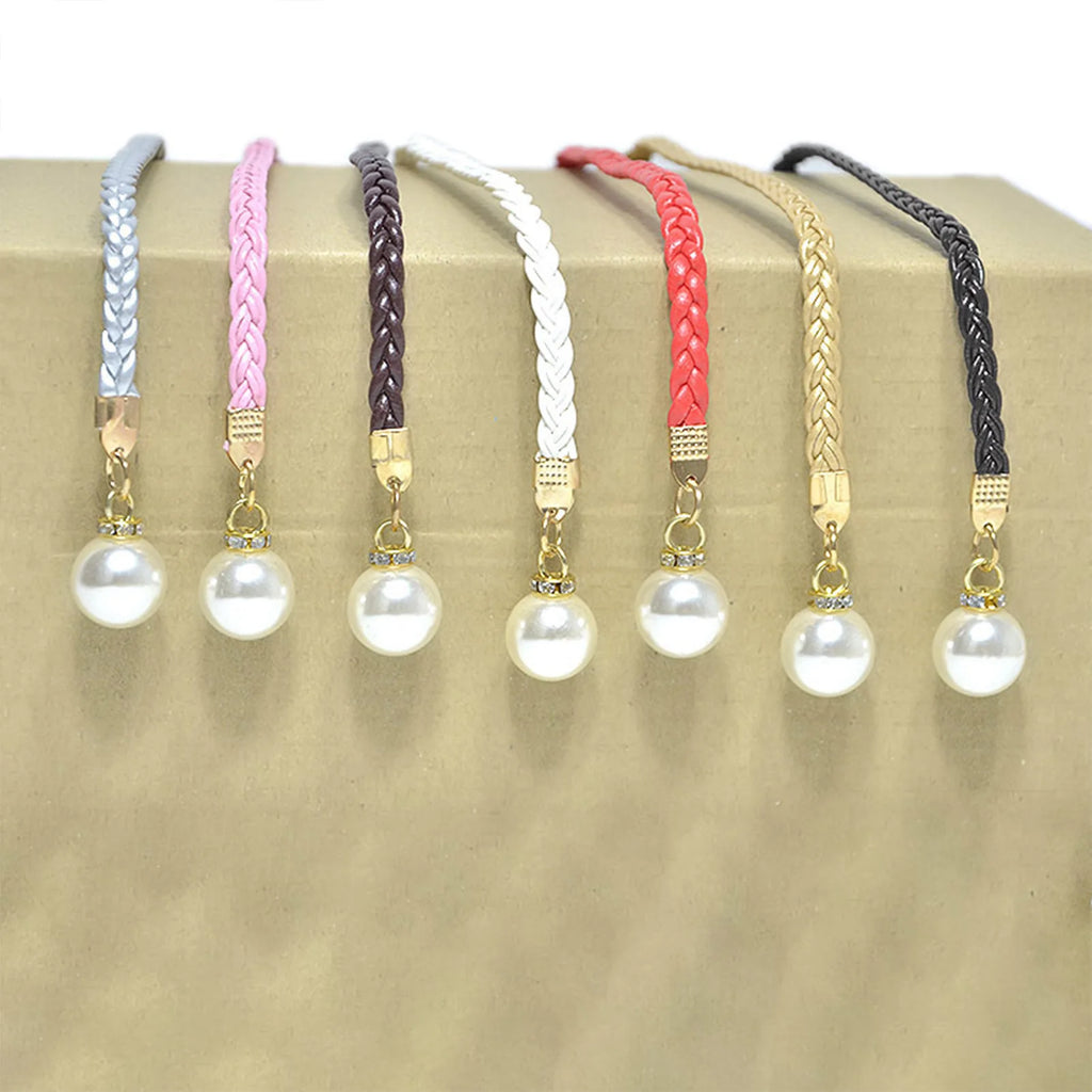 Adjustable Slim Waist Braided Belt with Pearl Buckle