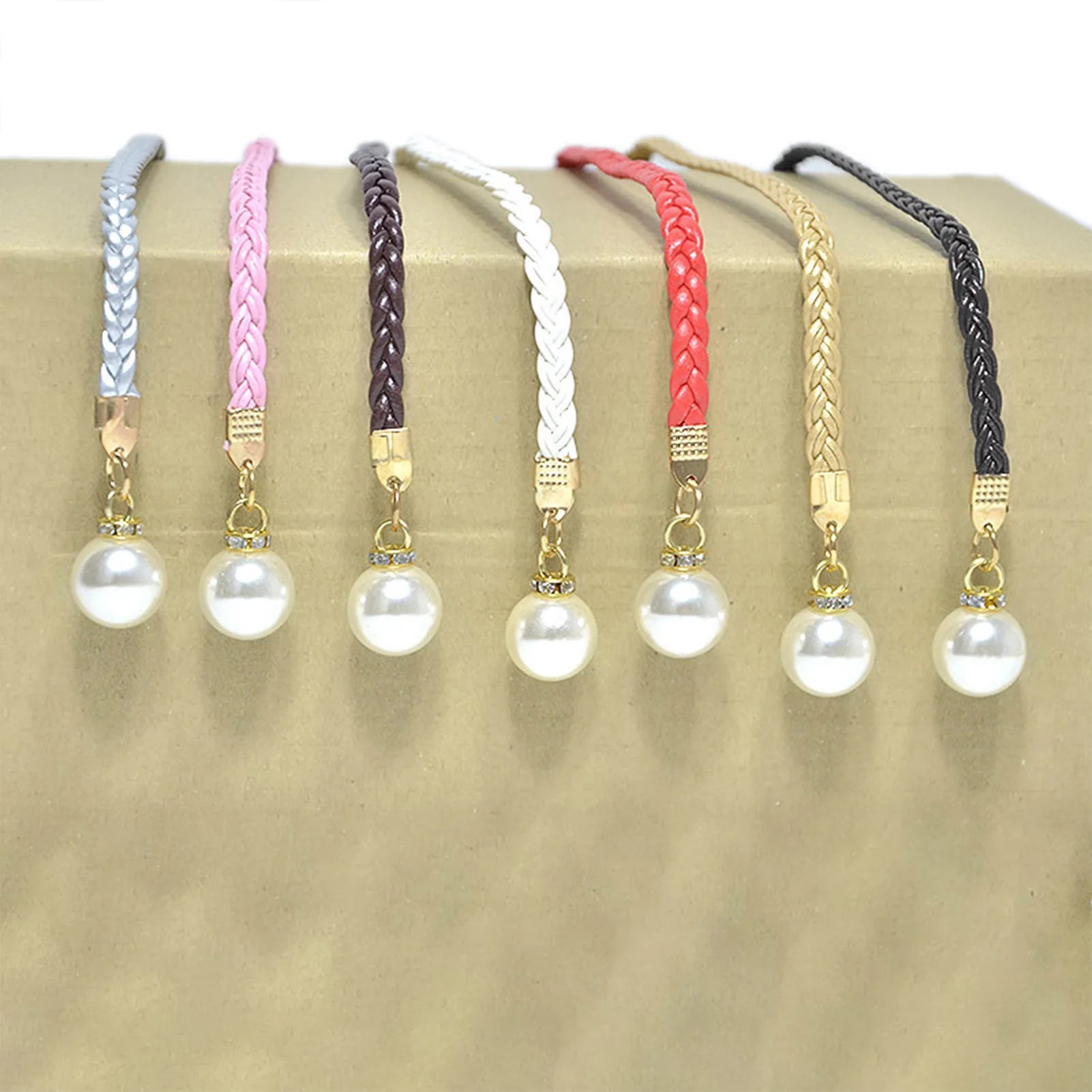 Adjustable Slim Waist Braided Belt with Pearl Buckle