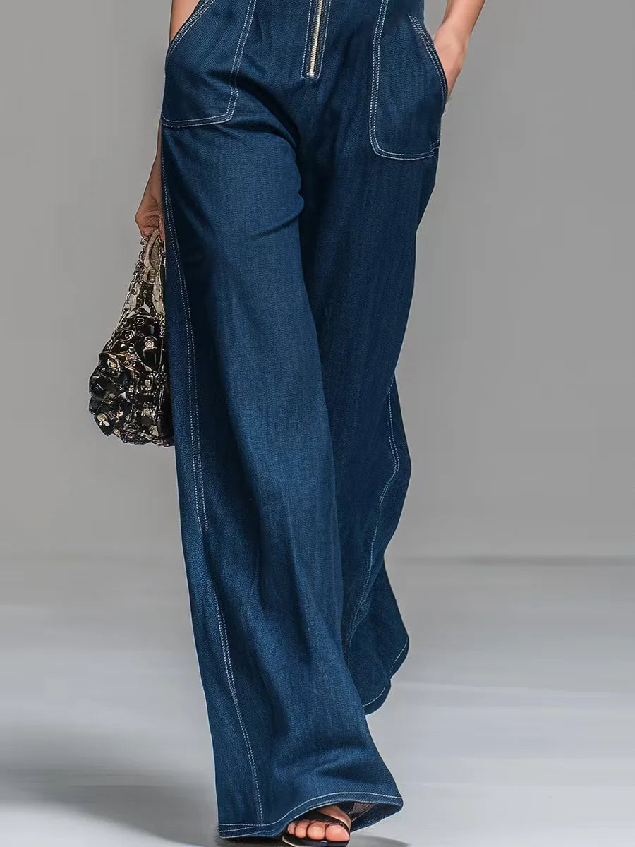 Women Sleeveless Denim Jumpsuit High Waist Wide Leg Cargo Pants Front Zipper Smart Casual Work Overalls Stretch Jean Jumpsuit