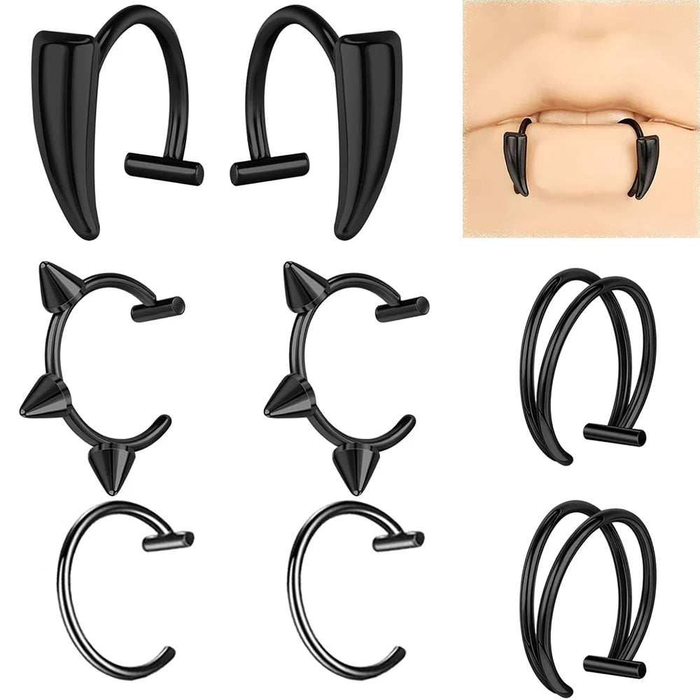 8pcs Stainless Steel Fake Lip & Nose Rings – Adjustable Jewelry