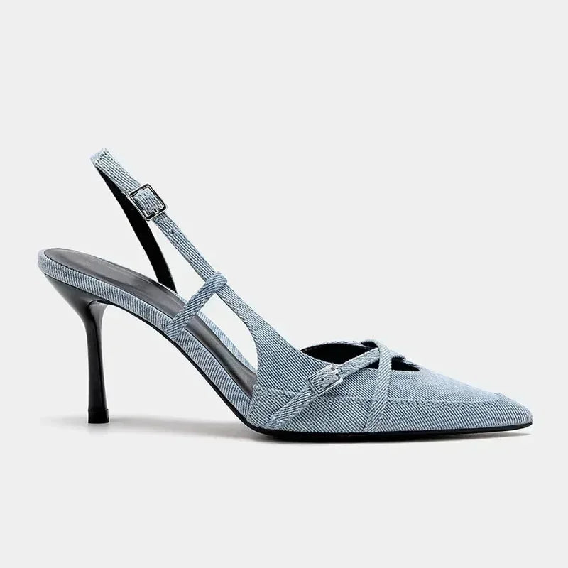 Sexy Pointed Toe High Heel Sandals for Lady Blue Denim Stilettos Fashion Buckle Strap Elegant Women's Shoes 2025 Summer Footwear